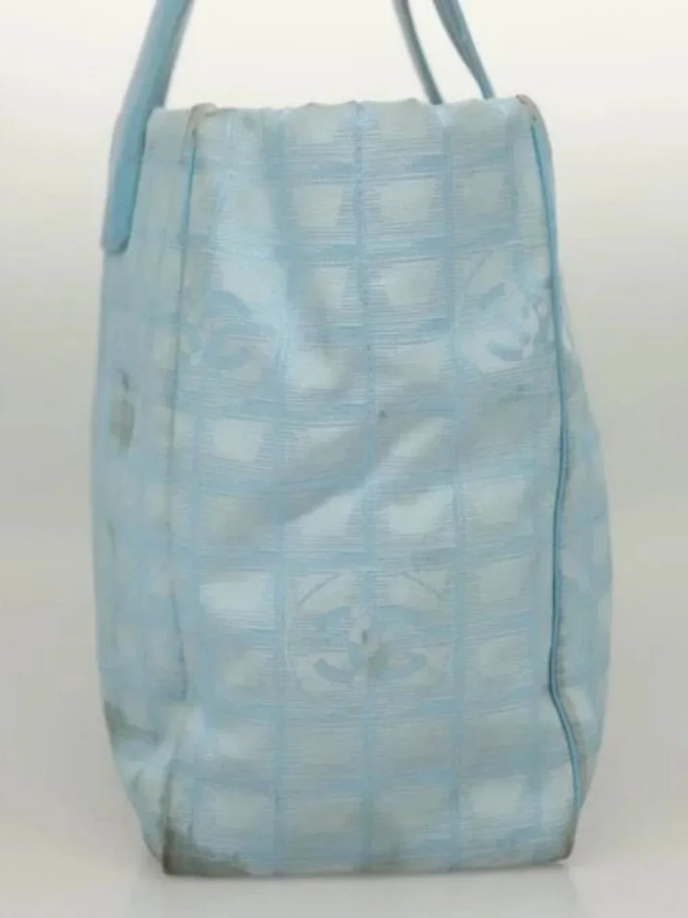 CHANEL New Travel line Tote Bag Light Blue Silver CC Auth 129655